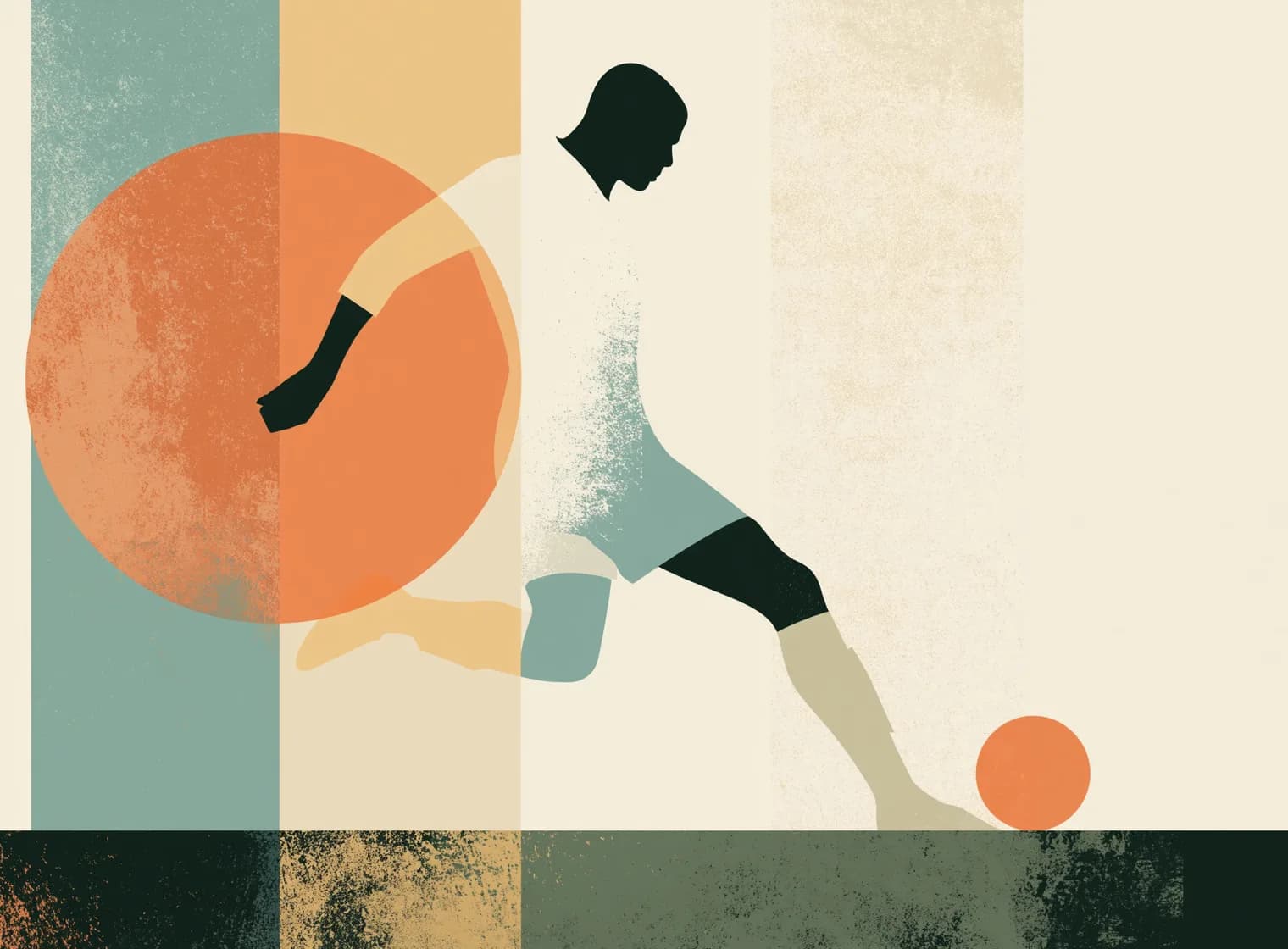 A footballer in silhouette about to strike a ball, drawn in flat bands of teal, sand and cream with a large orange sun behind him